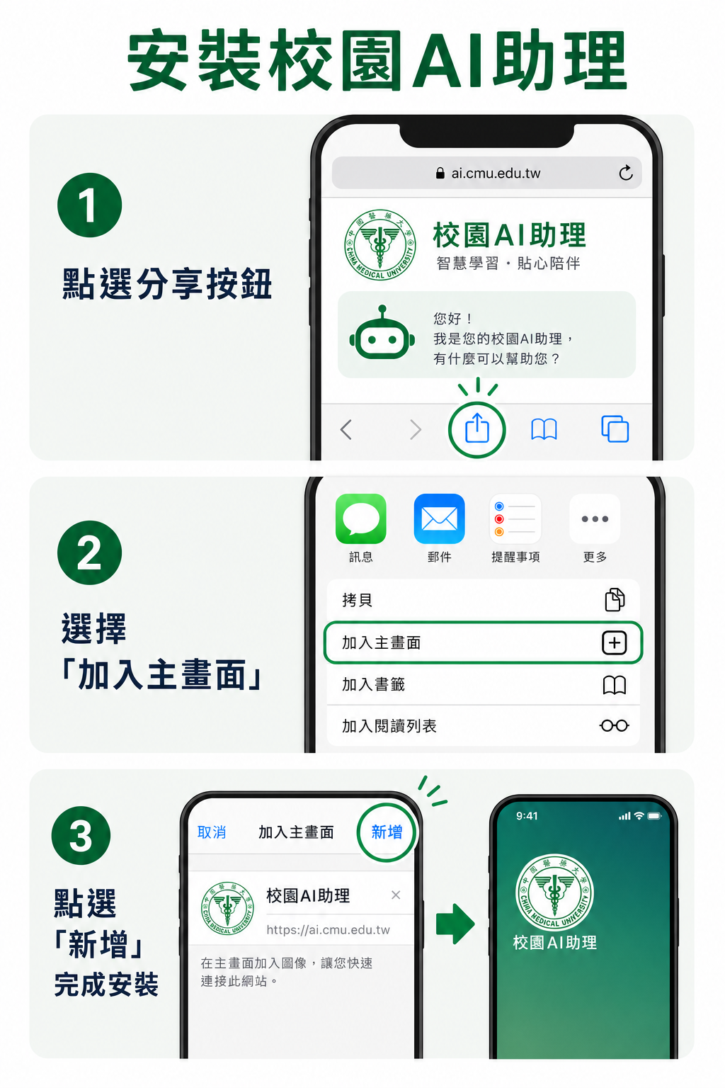 Safari 安裝校園AI助理三步驟：點選分享按鈕、選擇加入主畫面、點選新增完成安裝